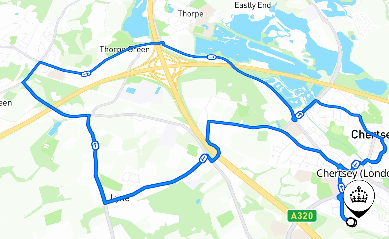 Chertsey (London) driving test route #1938 map - ENG United Kingdom