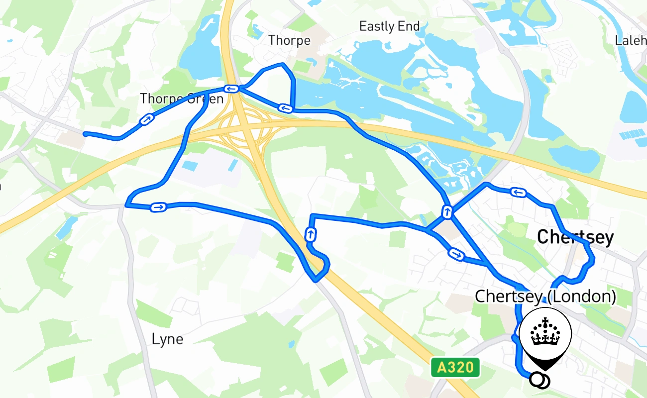 Chertsey (London) driving test route #1939 map - ENG United Kingdom