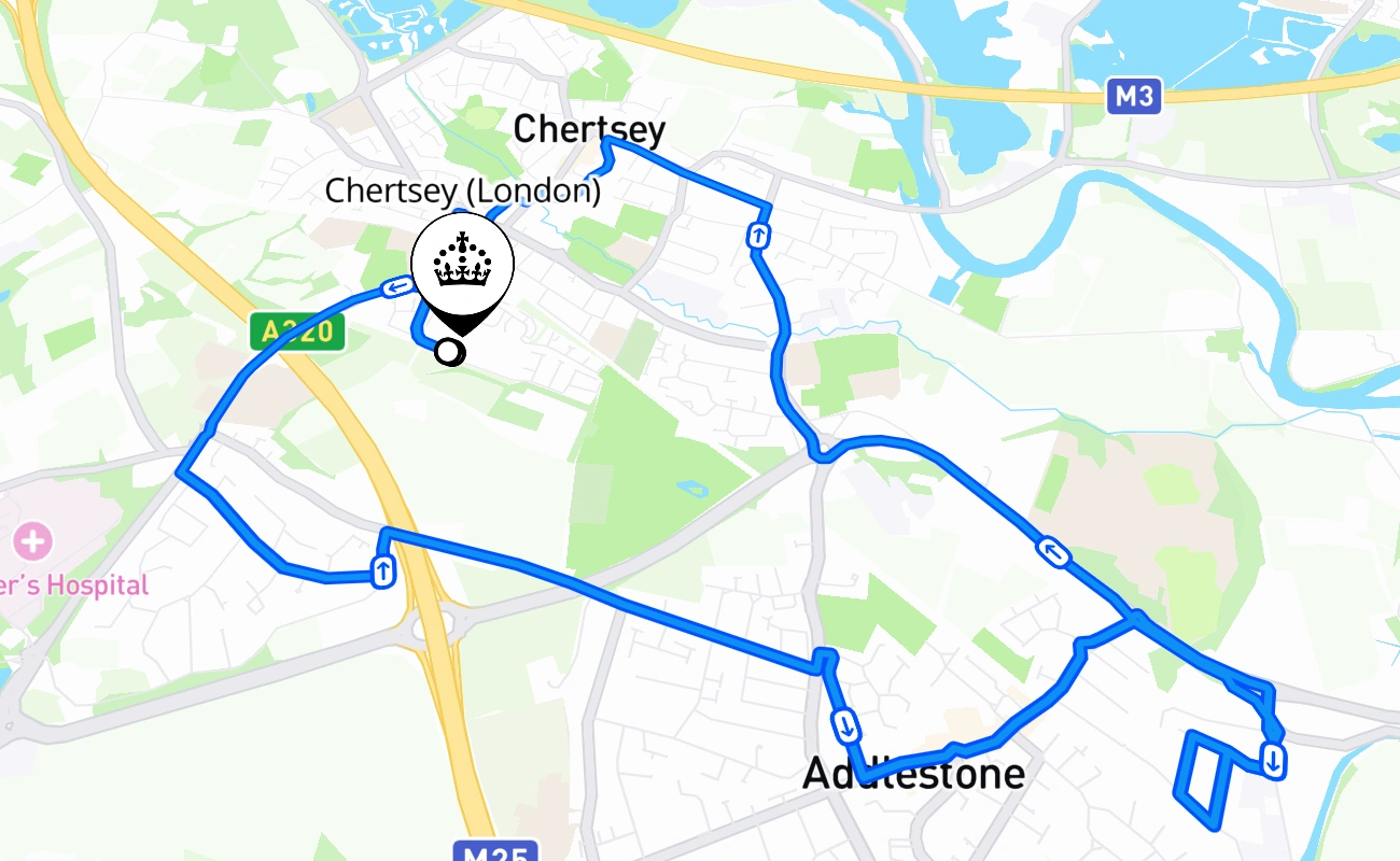 Chertsey (London) driving test route #1940 map - ENG United Kingdom