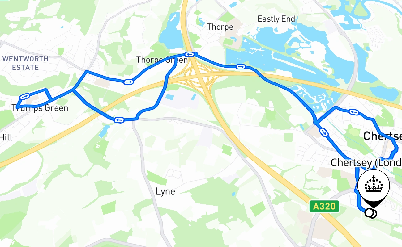 Chertsey (London) driving test route #1941 map - ENG United Kingdom