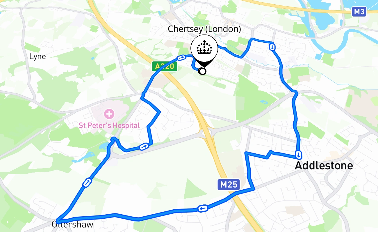 Chertsey (London) driving test route #1942 map - ENG United Kingdom