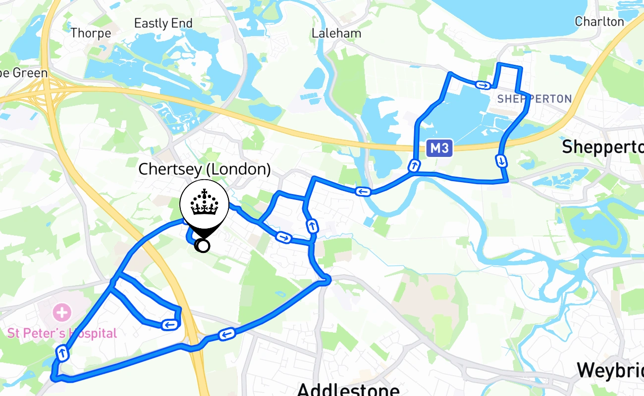 Chertsey (London) driving test route #1943 map - ENG United Kingdom