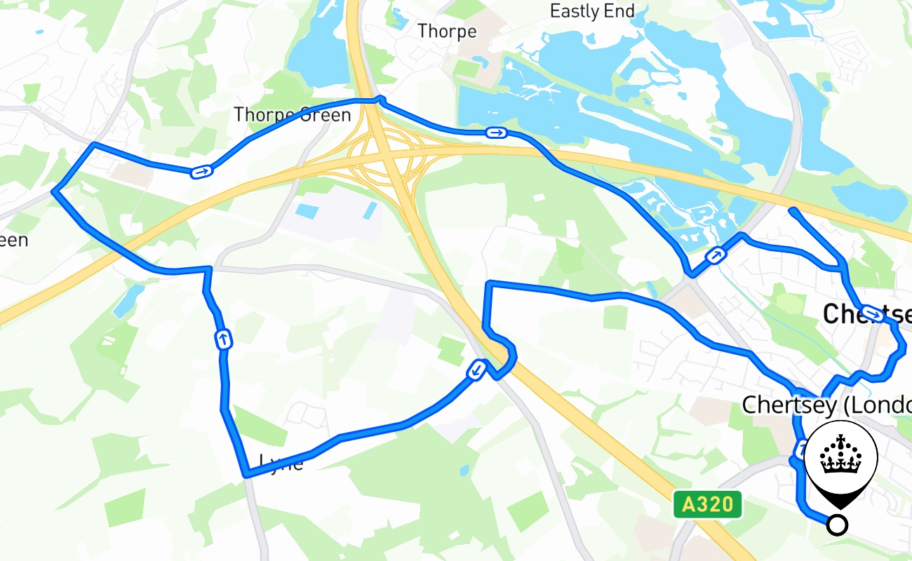 Chertsey (London) driving test route #1944 map - ENG United Kingdom