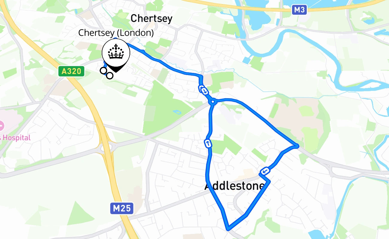 Chertsey (London) driving test route #1945 map - ENG United Kingdom