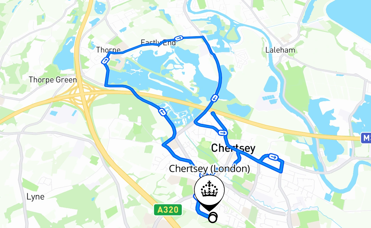 Chertsey (London) driving test route #1946 map - ENG United Kingdom