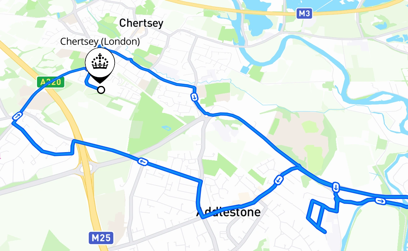 Chertsey (London) driving test route #1947 map - ENG United Kingdom