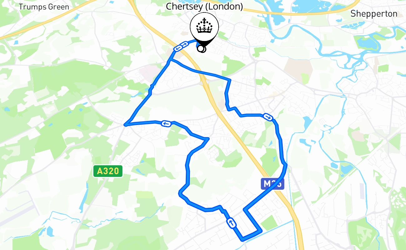 Chertsey (London) driving test route #1948 map - ENG United Kingdom