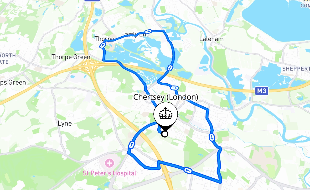 Chertsey (London) driving test route #1949 map - ENG United Kingdom