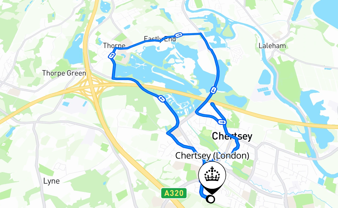 Chertsey (London) driving test route #1950 map - ENG United Kingdom