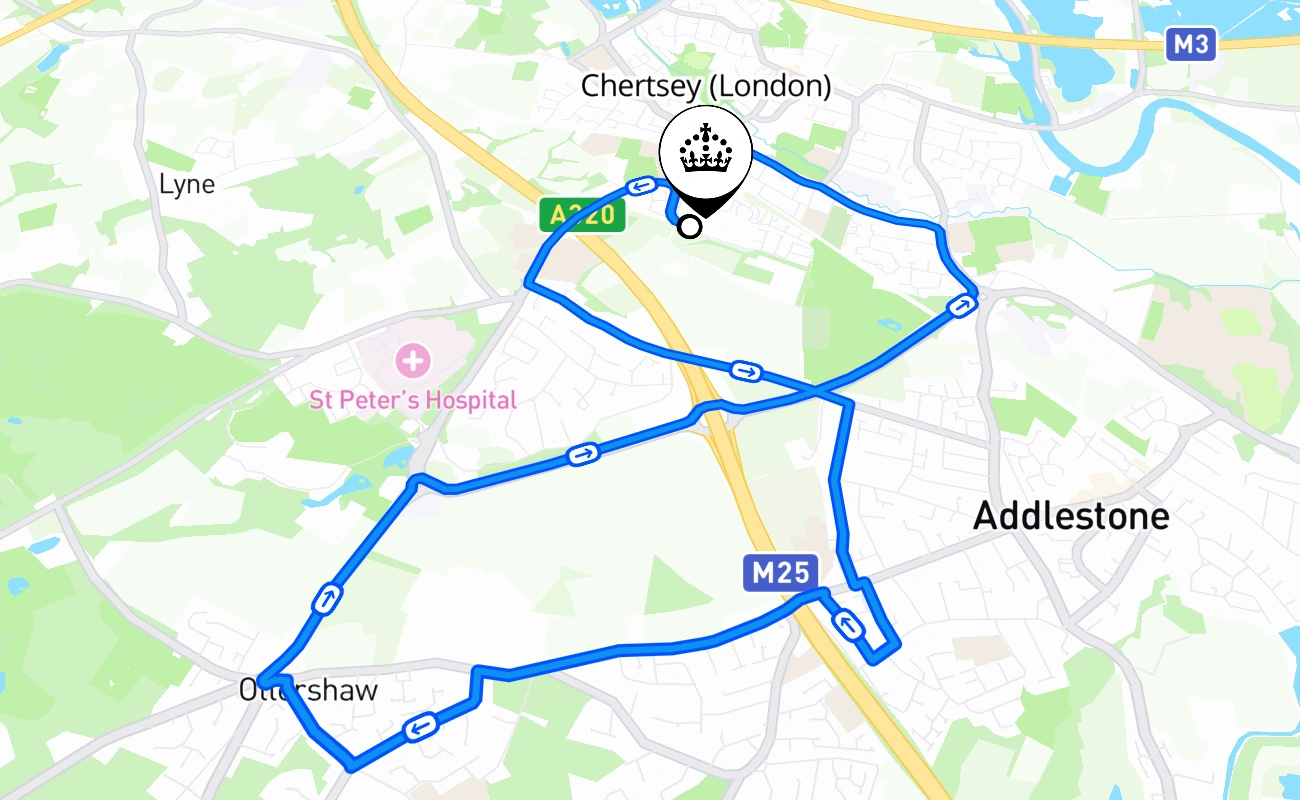 Chertsey (London) driving test route #2590 map - ENG United Kingdom