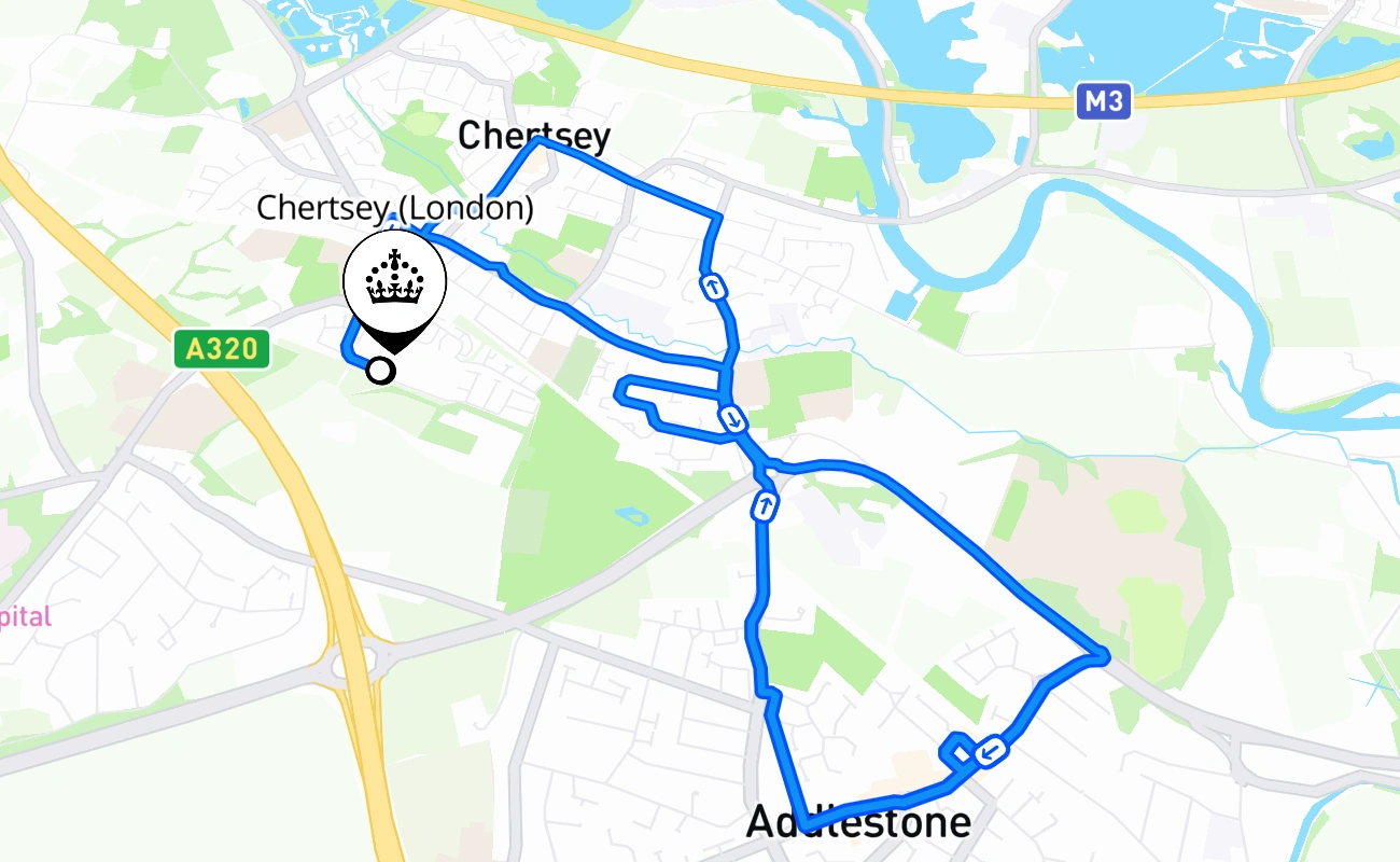 Chertsey (London) driving test route #2591 map - ENG United Kingdom