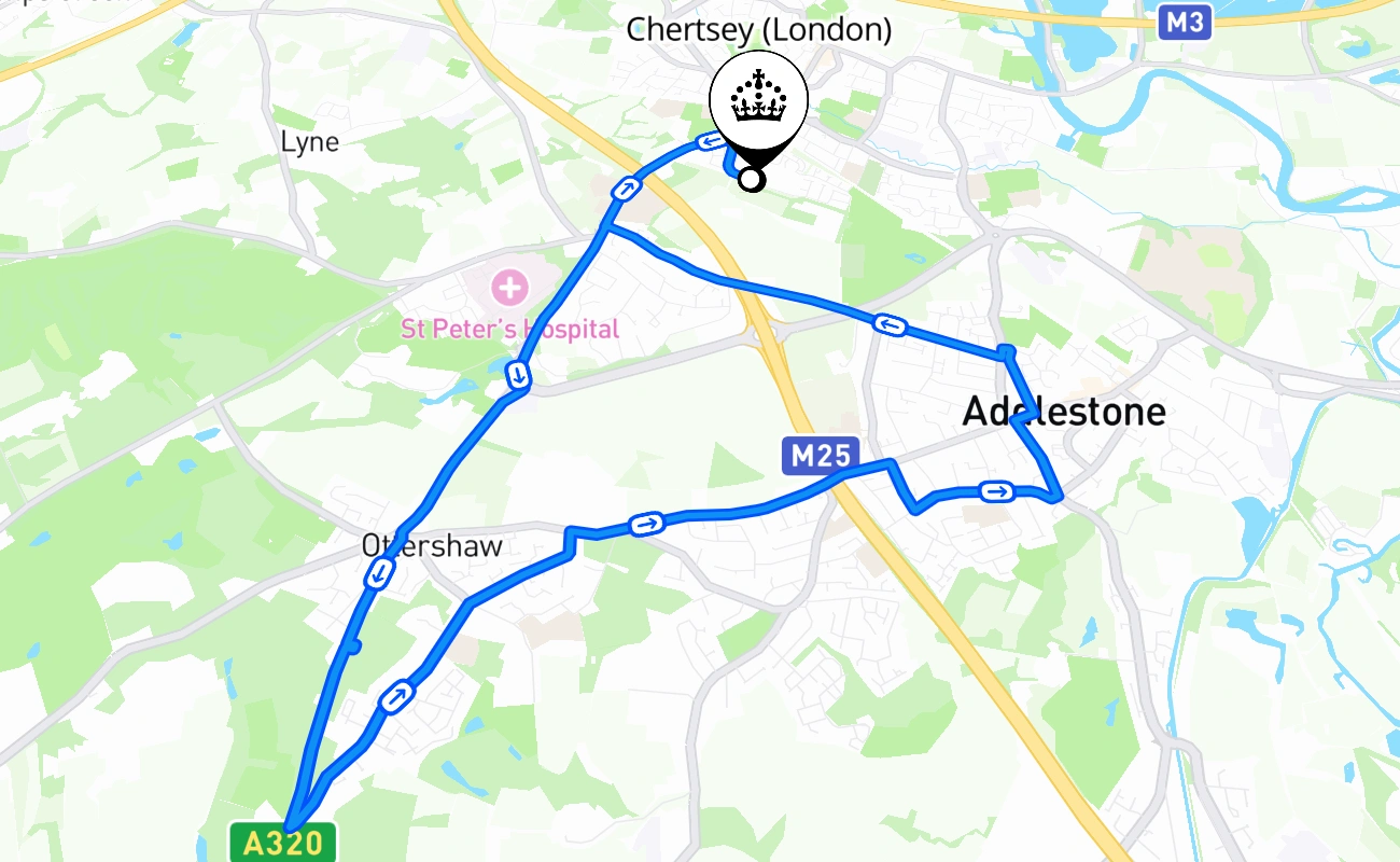 Chertsey (London) driving test route #2592 map - ENG United Kingdom