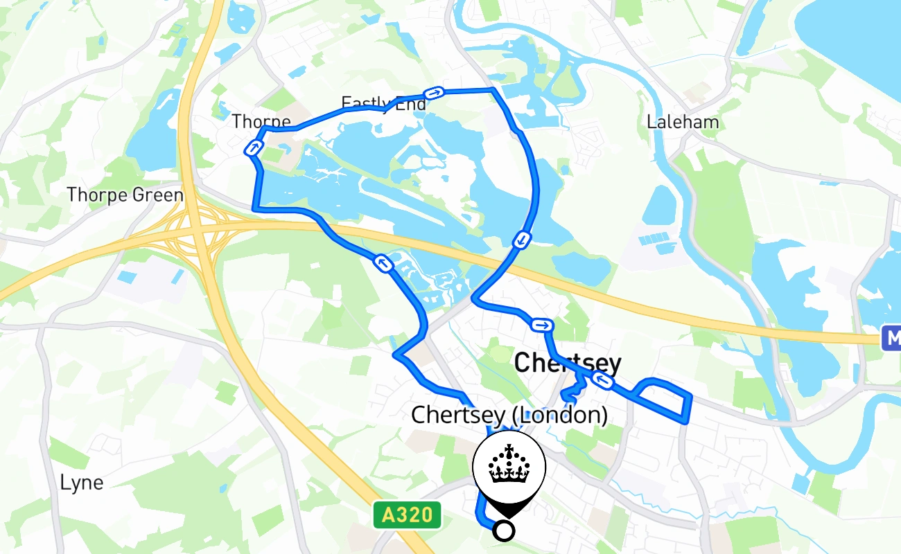 Chertsey (London) driving test route #2593 map - ENG United Kingdom