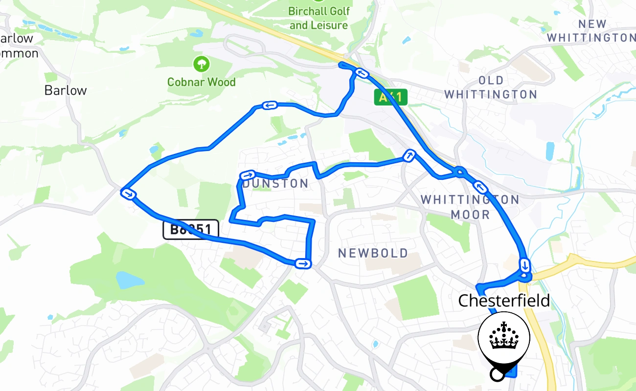 Chesterfield driving test route #2585 map - ENG United Kingdom