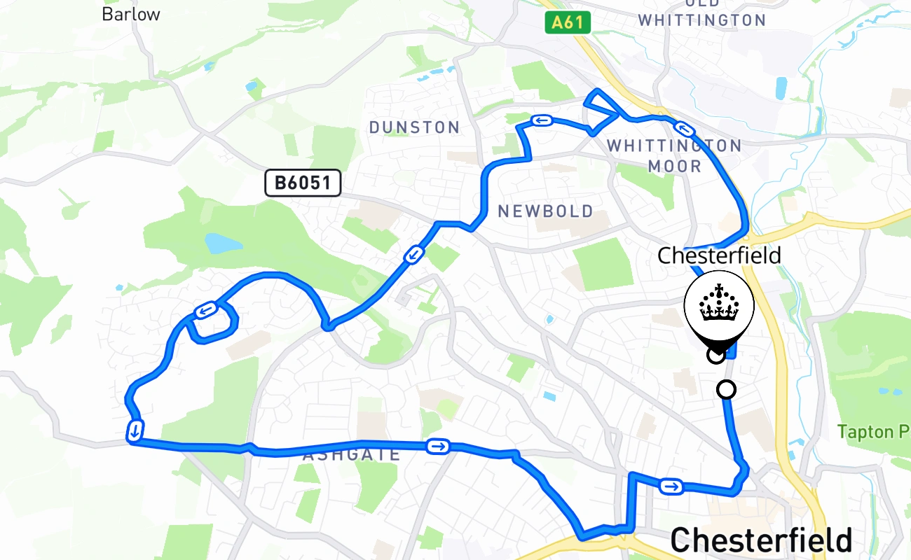 Chesterfield driving test route #2586 map - ENG United Kingdom
