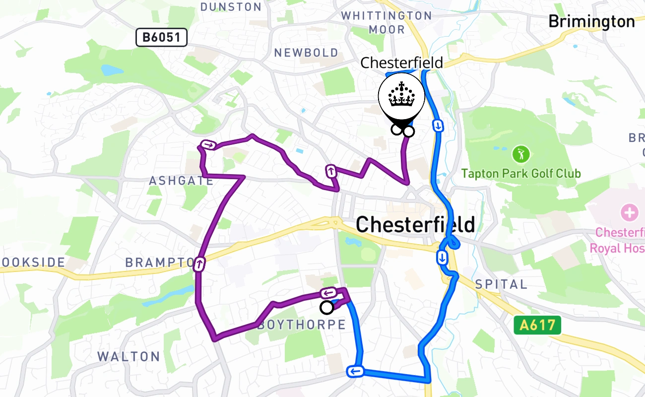 Chesterfield driving test route #2587 map - ENG United Kingdom