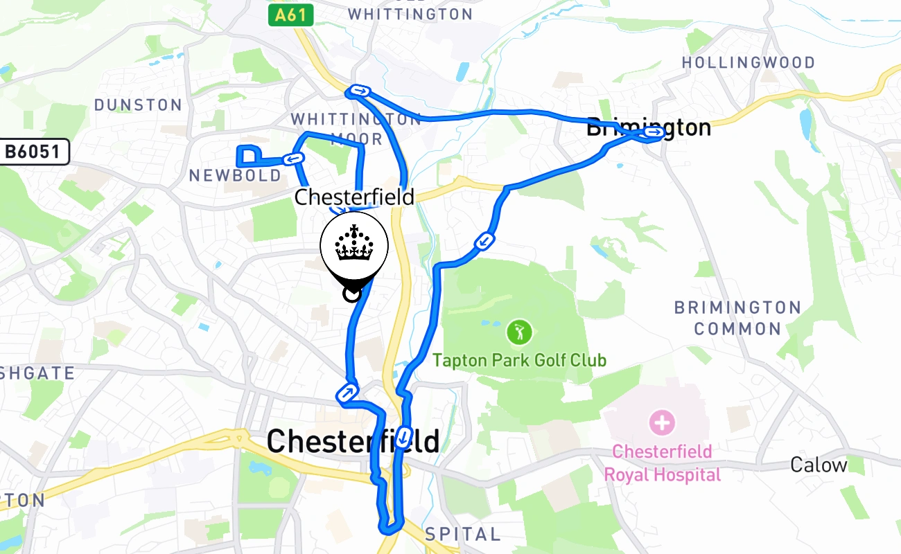 Chesterfield driving test route #2588 map - ENG United Kingdom