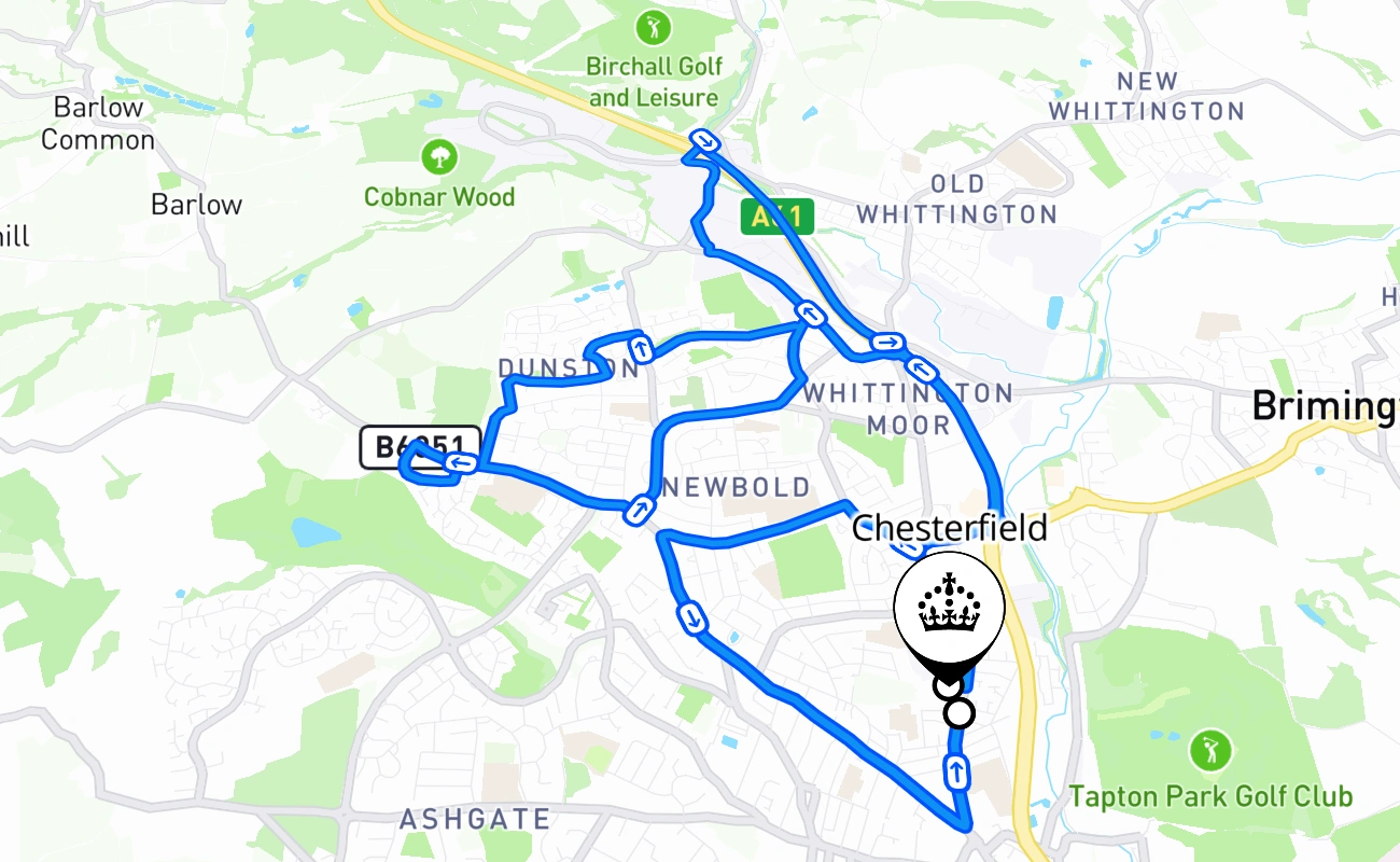 Chesterfield driving test route #2589 map - ENG United Kingdom