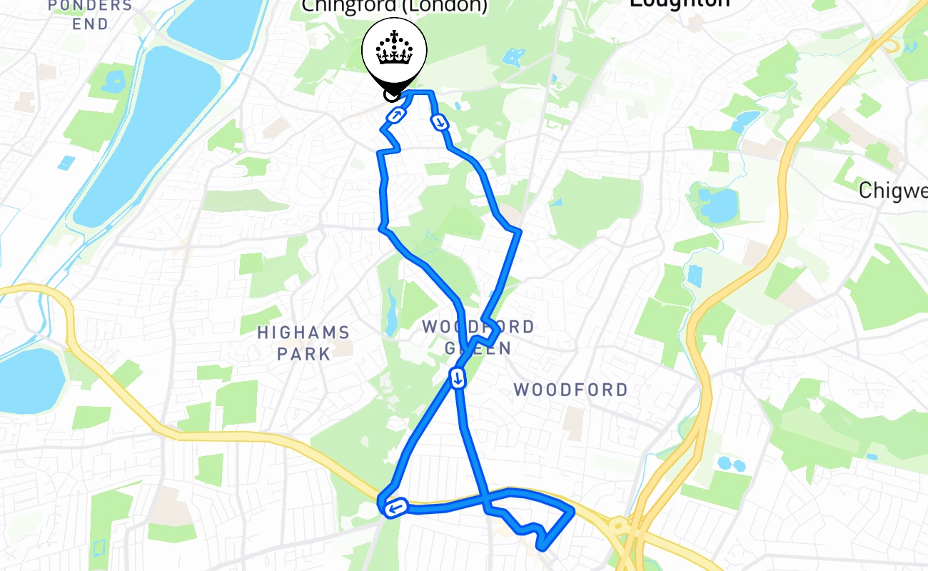 Chingford (London) driving test route #476 map - ENG United Kingdom