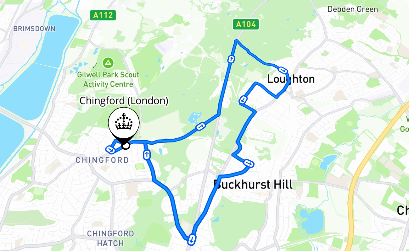 Chingford (London) driving test route #477 map - ENG United Kingdom