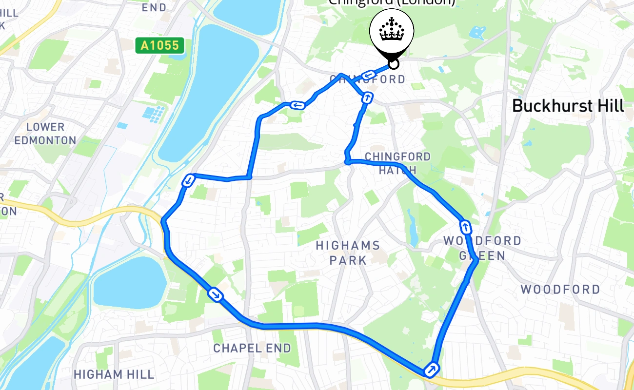 Chingford (London) driving test route #479 map - ENG United Kingdom