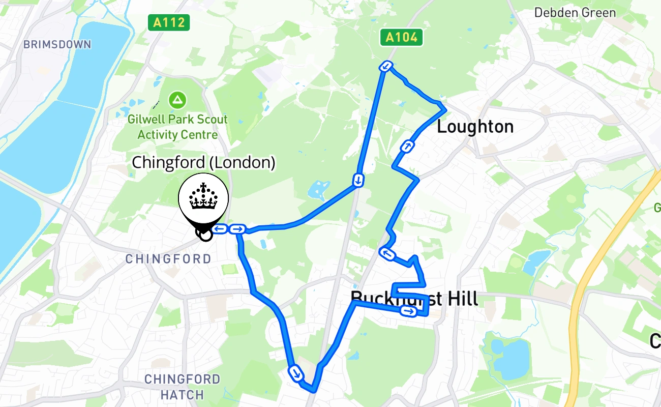 Chingford (London) driving test route #480 map - ENG United Kingdom