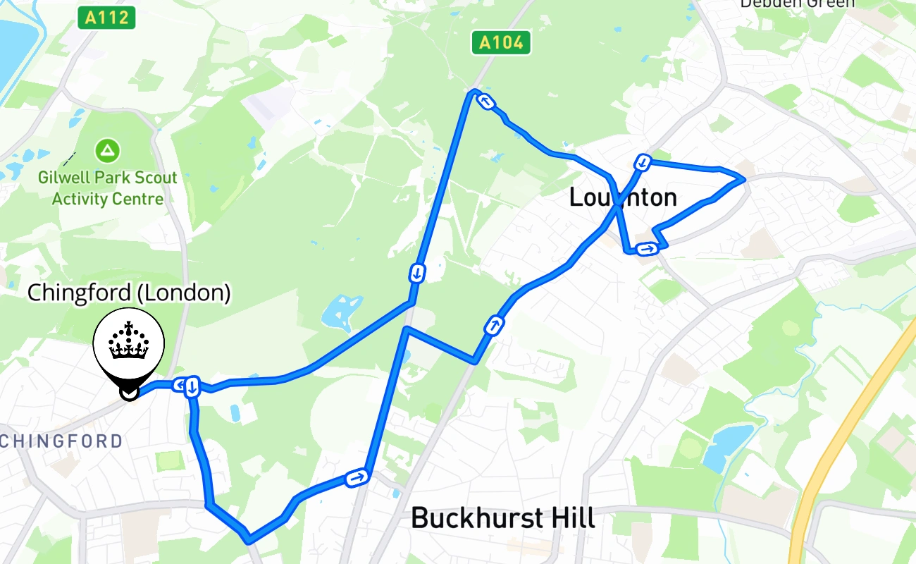 Chingford (London) driving test route #482 map - ENG United Kingdom
