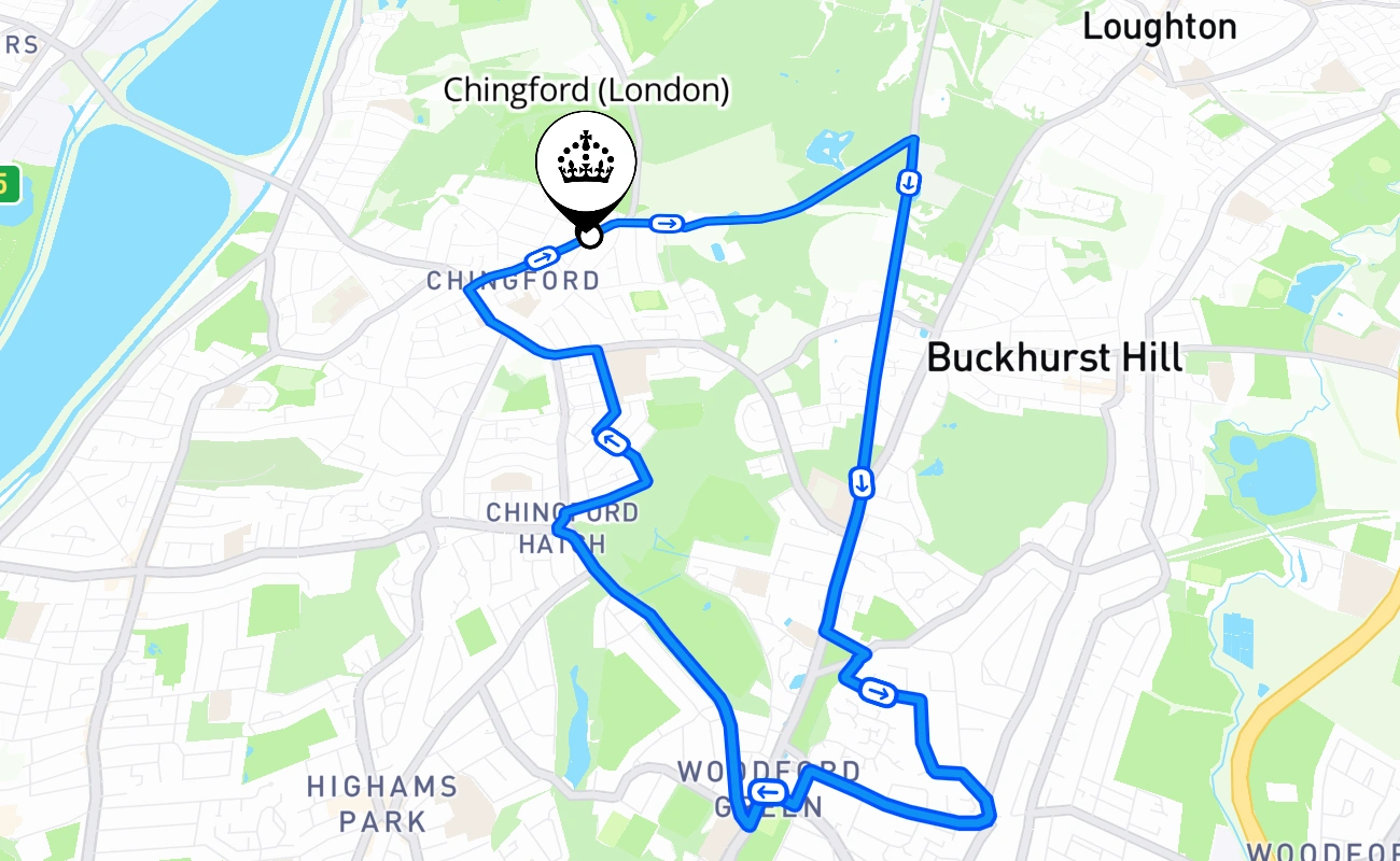 Chingford (London) driving test route #483 map - ENG United Kingdom