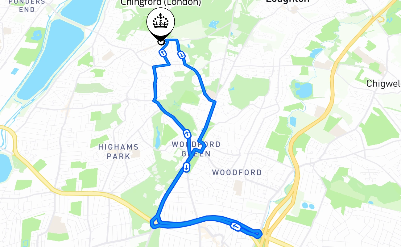 Chingford (London) driving test route #484 map - ENG United Kingdom