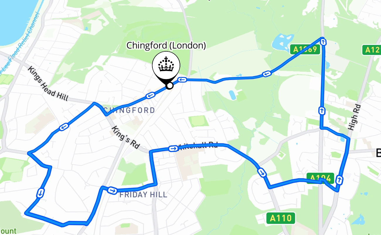 Chingford (London) driving test route #485 map - ENG United Kingdom