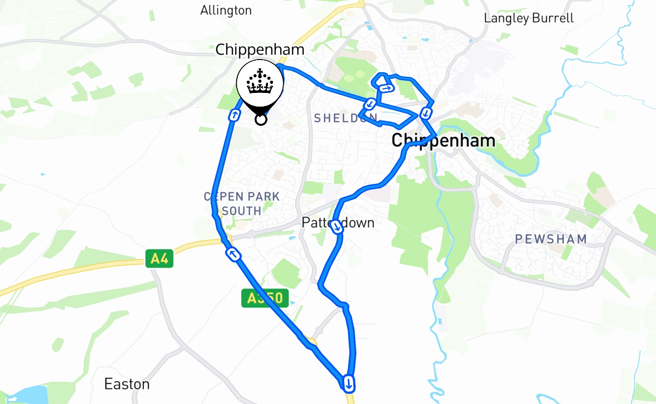 Chippenham driving test route #1120 map - ENG United Kingdom