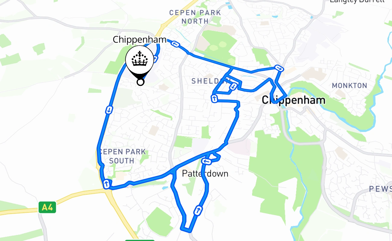 Chippenham driving test route #1121 map - ENG United Kingdom