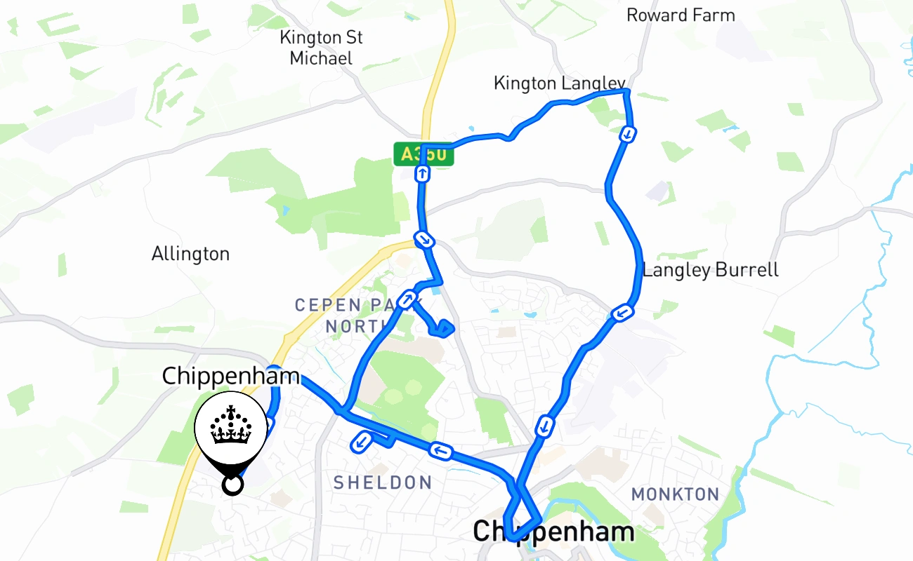 Chippenham driving test route #1122 map - ENG United Kingdom