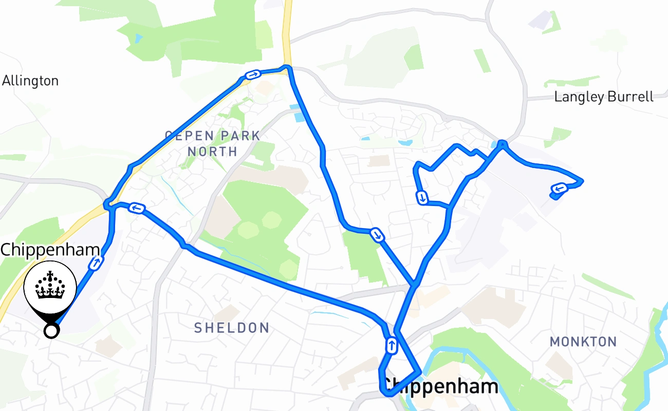 Chippenham driving test route #1126 map - ENG United Kingdom