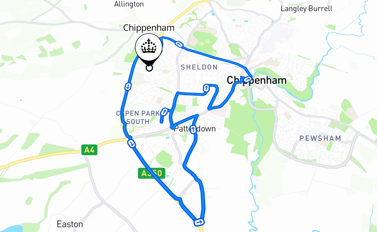 Chippenham driving test route #1127 map - ENG United Kingdom