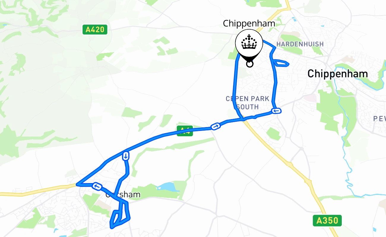 Chippenham driving test route #1128 map - ENG United Kingdom