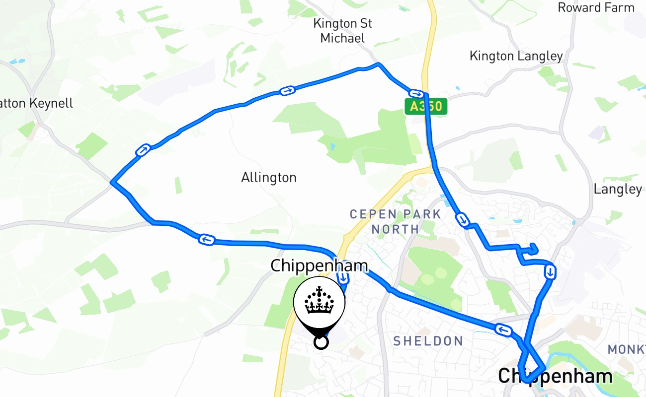 Chippenham driving test route #1129 map - ENG United Kingdom