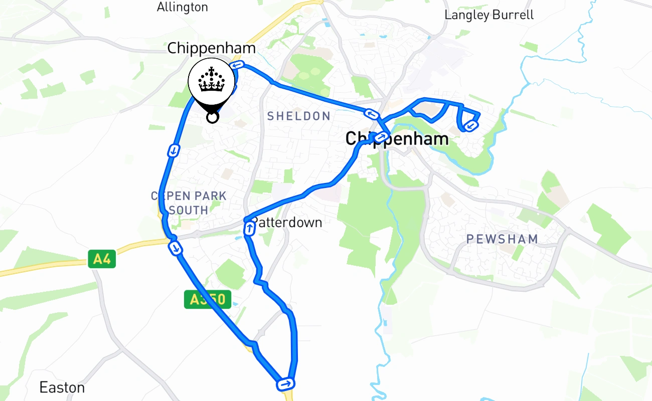 Chippenham driving test route #1130 map - ENG United Kingdom