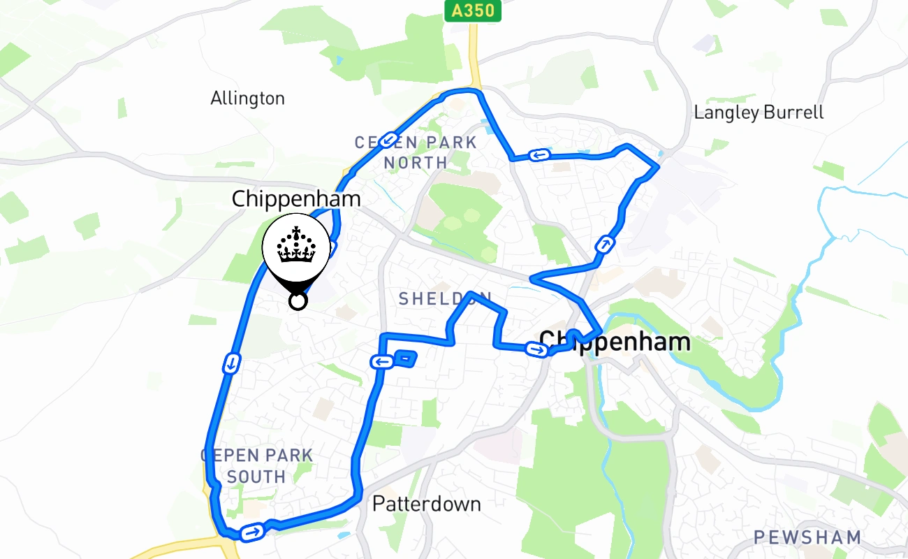 Chippenham driving test route #1131 map - ENG United Kingdom