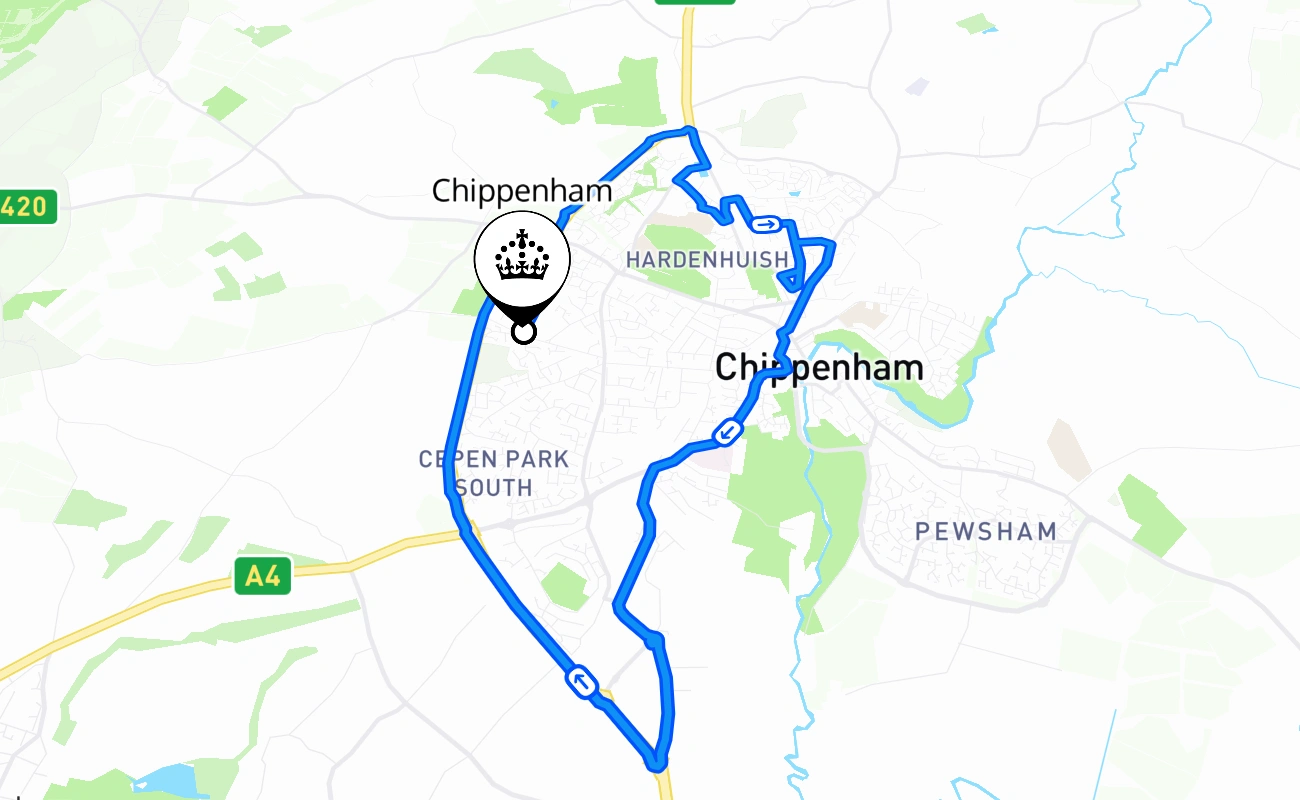 Chippenham driving test route #1132 map - ENG United Kingdom