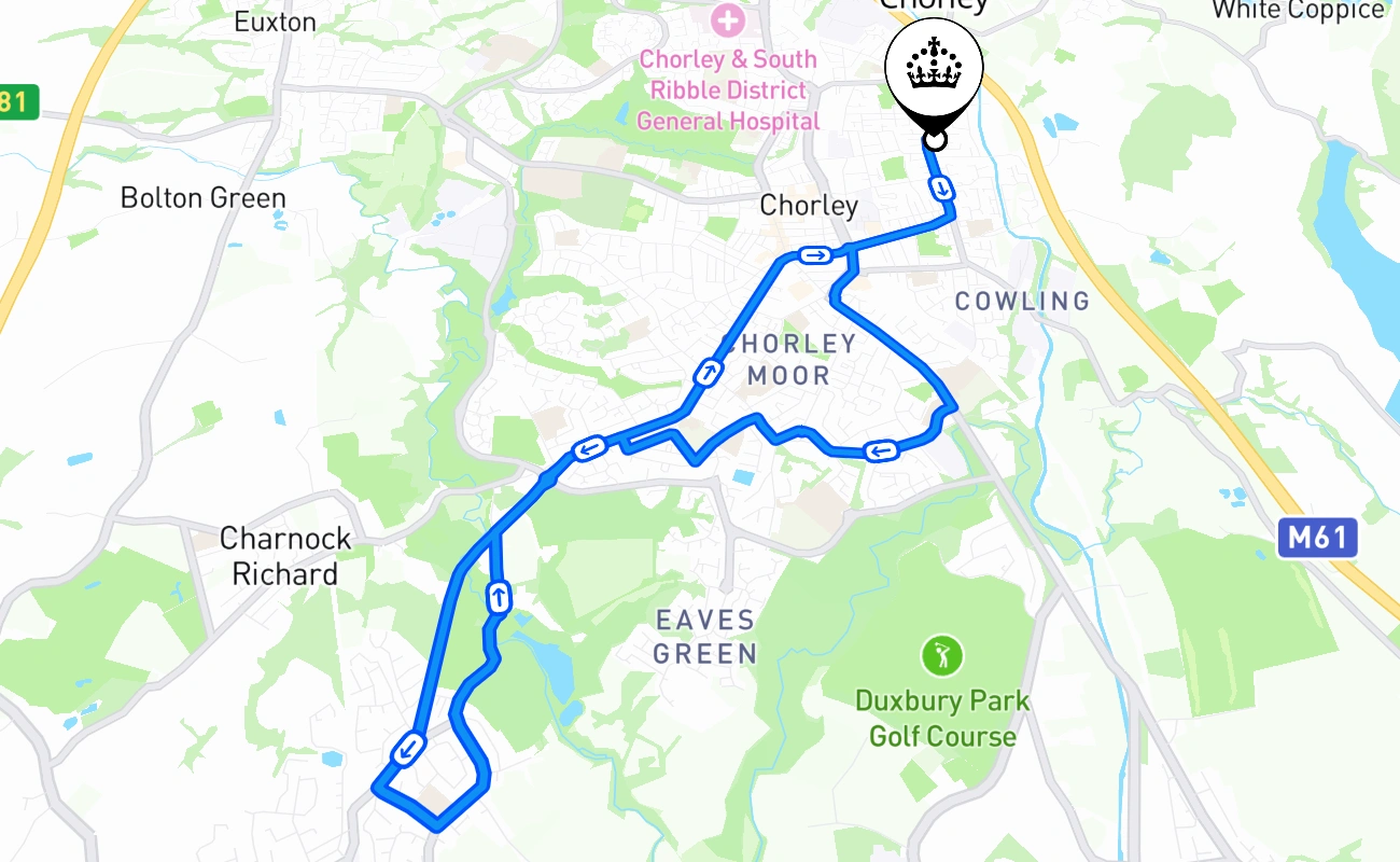 Chorley driving test route #1236 map - ENG United Kingdom