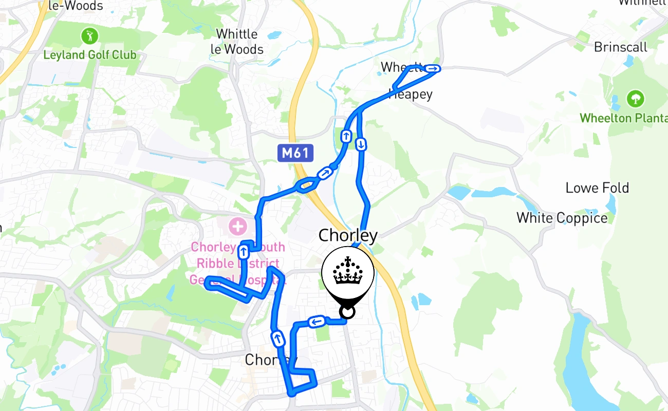 Chorley driving test route #1239 map - ENG United Kingdom