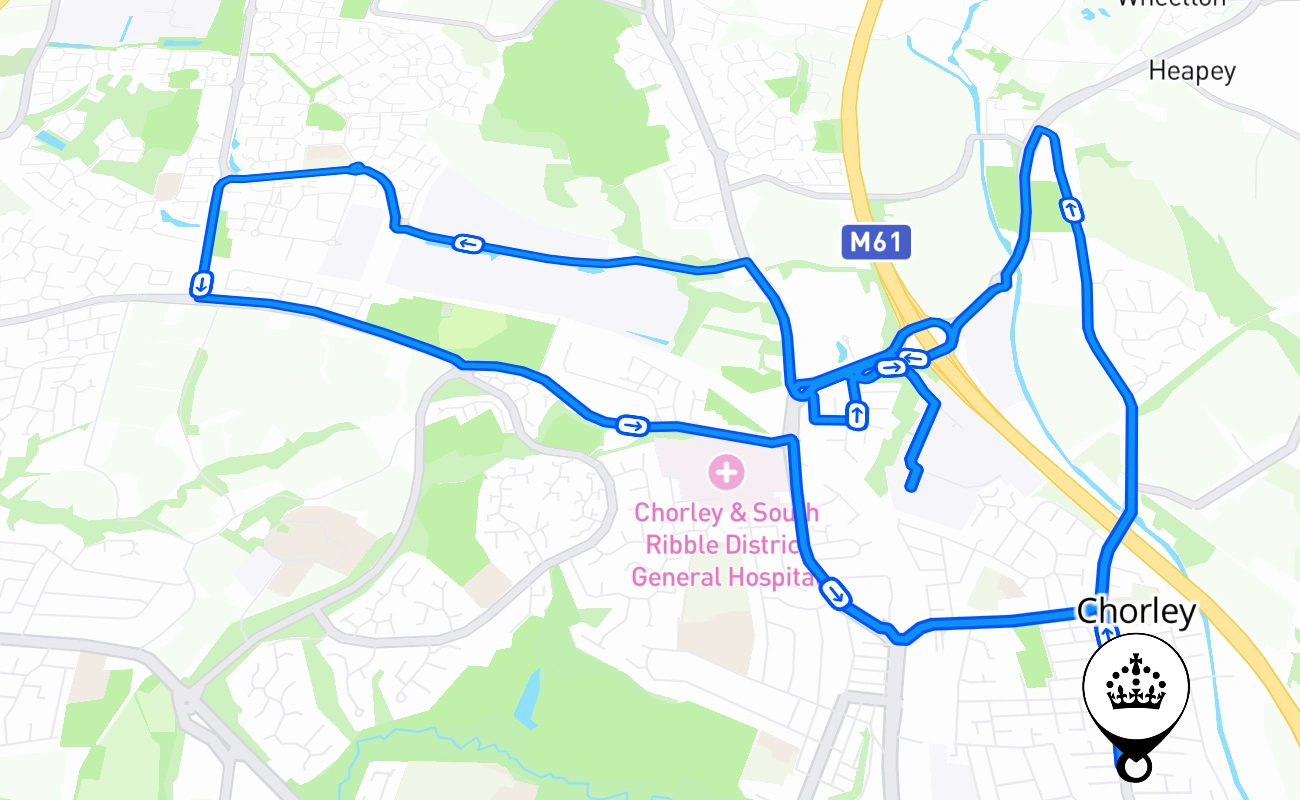 Chorley driving test route #1240 map - ENG United Kingdom