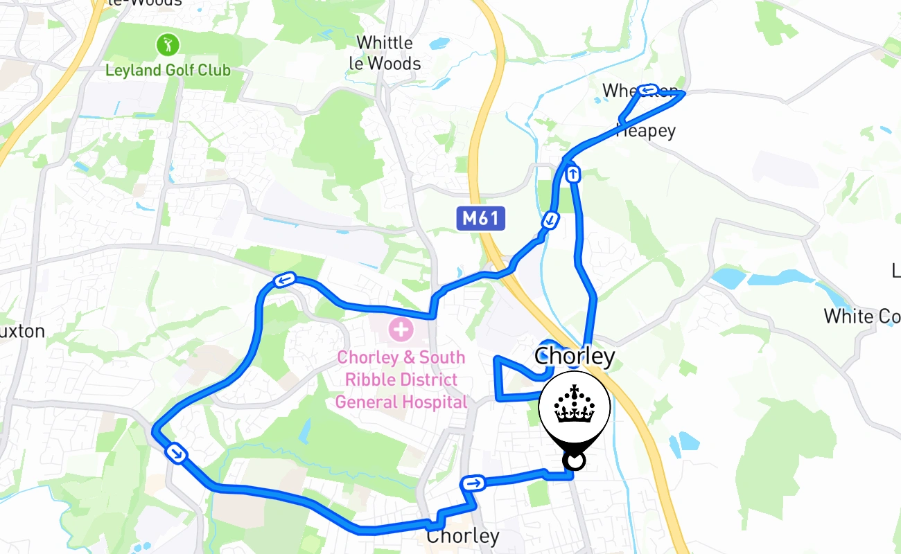 Chorley driving test route #1241 map - ENG United Kingdom