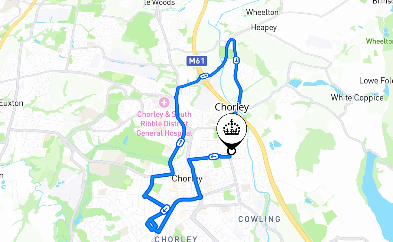 Chorley driving test route #1244 map - ENG United Kingdom