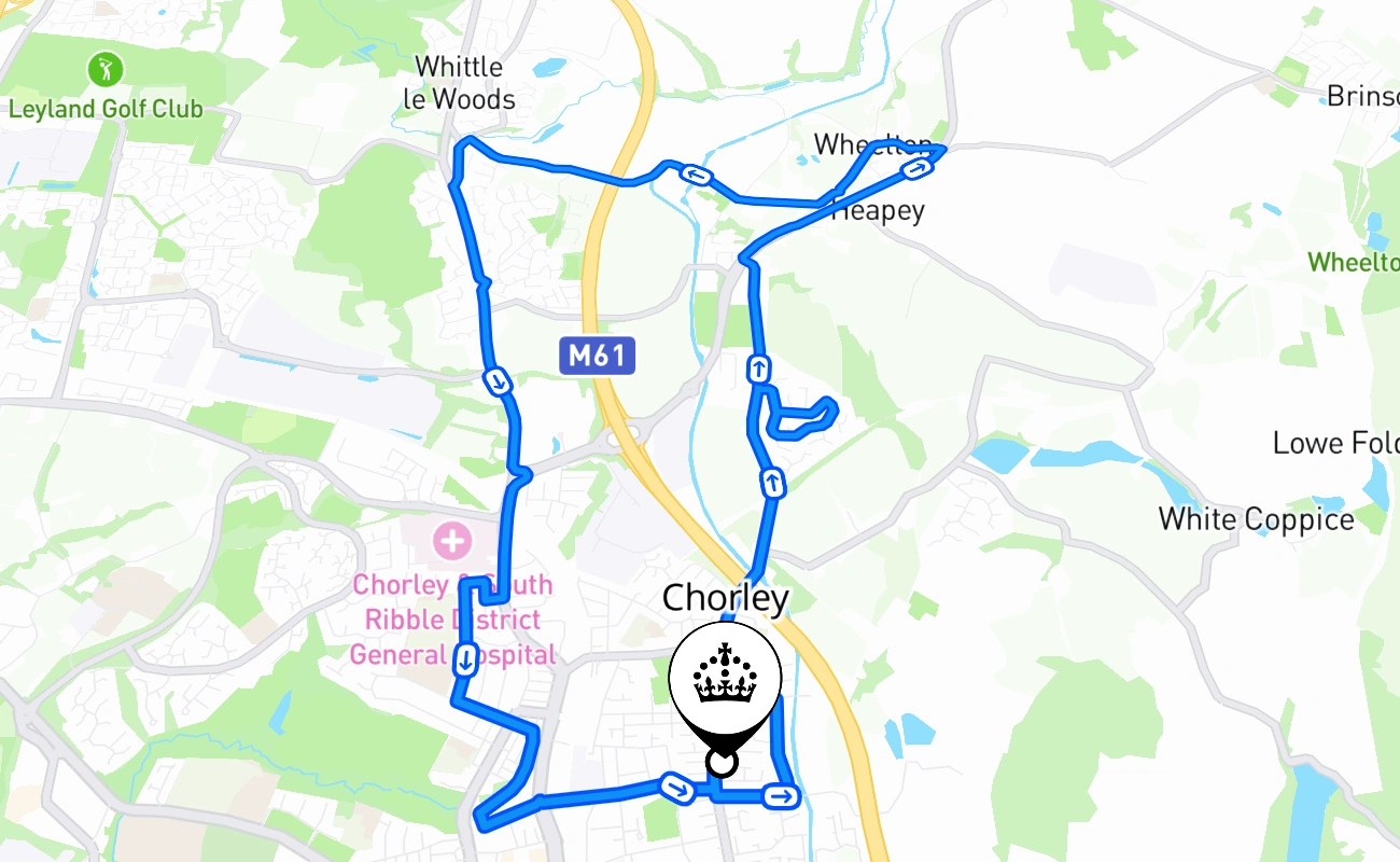 Chorley driving test route #1245 map - ENG United Kingdom
