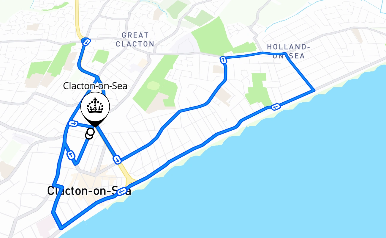 Clacton-on-Sea driving test route #1831 map - ENG United Kingdom