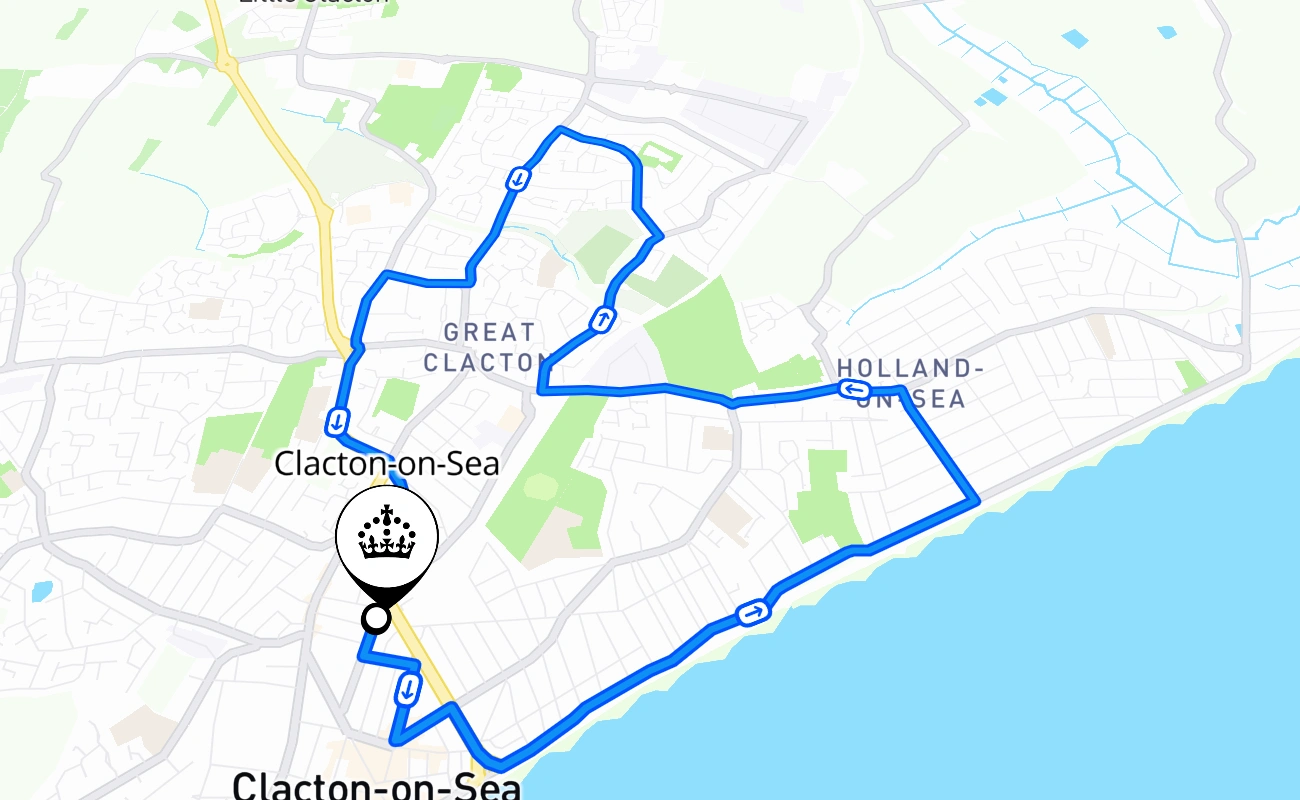 Clacton-on-Sea driving test route #1832 map - ENG United Kingdom