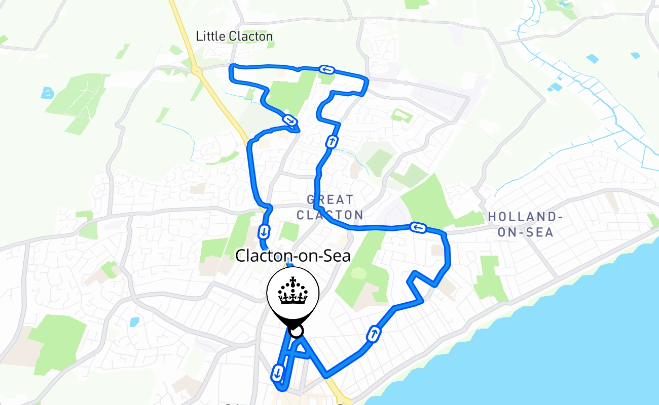 Clacton-on-Sea driving test route #1837 map - ENG United Kingdom