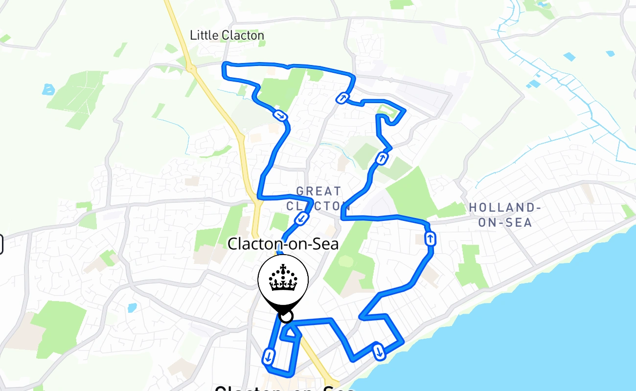 Clacton-on-Sea driving test route #1839 map - ENG United Kingdom